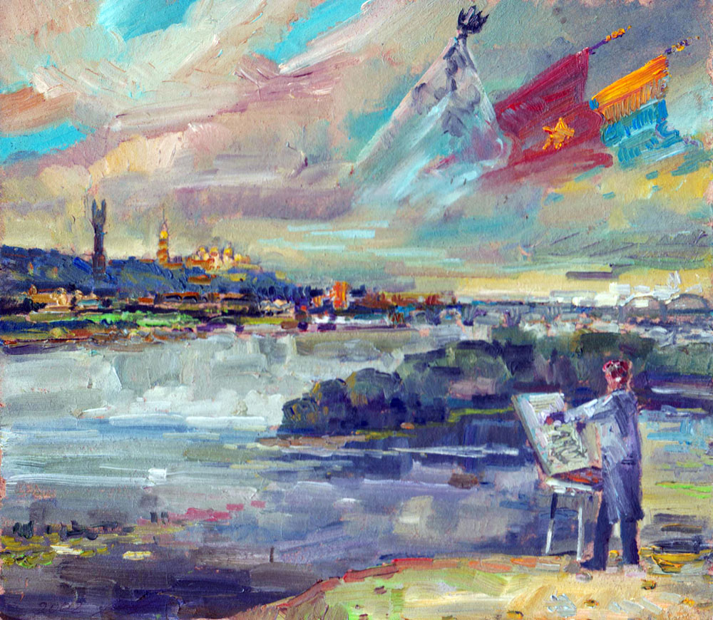 «Художник пише Дніпро». 2002. Картон, олія